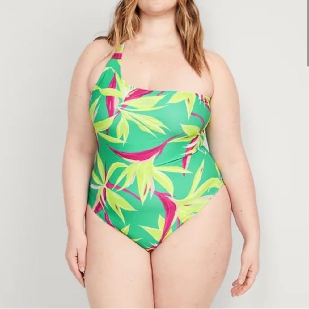 Old Navy Swimsuit Women 3X Green Color Tropical One Shoulder One Piece Beachy